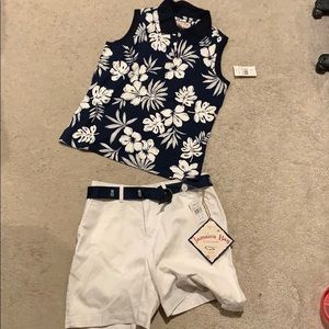 Petite small  sleeveless colored hibiscus shirt.